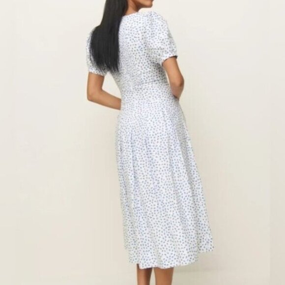 NEW Reformation Coucou Midi Linen Dress Hanna White Blue Floral | US 4 UK 8 - Picture 4 of 15